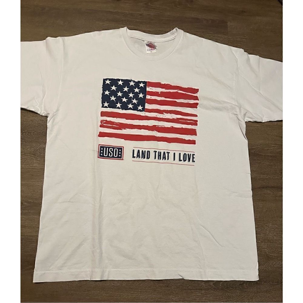 Vintage USO American Flag Graphic T Shirt Bayside Tag USA Made Mens Size XL